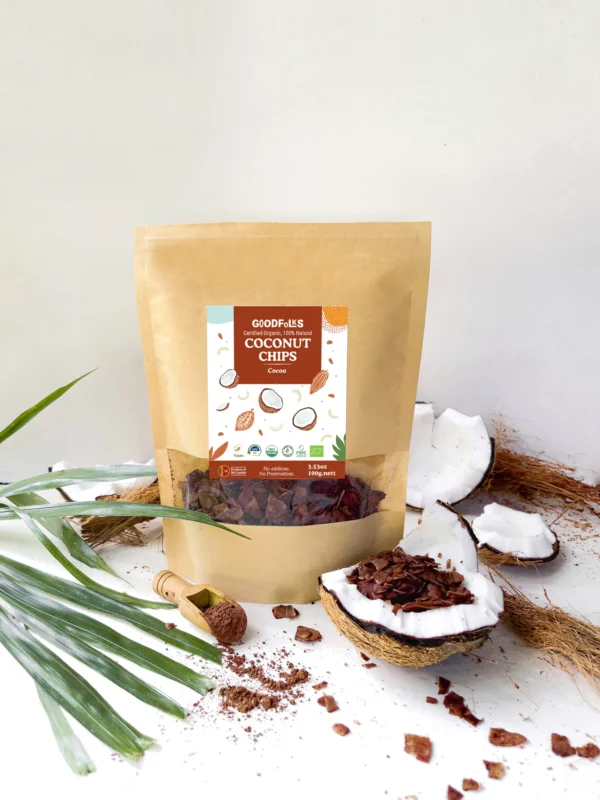 Sri Lanka origin organic coconut chips with cocoa - a healthy sugar free anytime snack