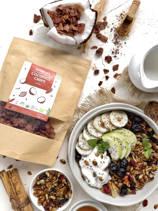 Goodfolks Organic Coconut Chips with Cocoa - Sri Lanka Health Snack supplier - sugar free - vegan - plant based - gluten free