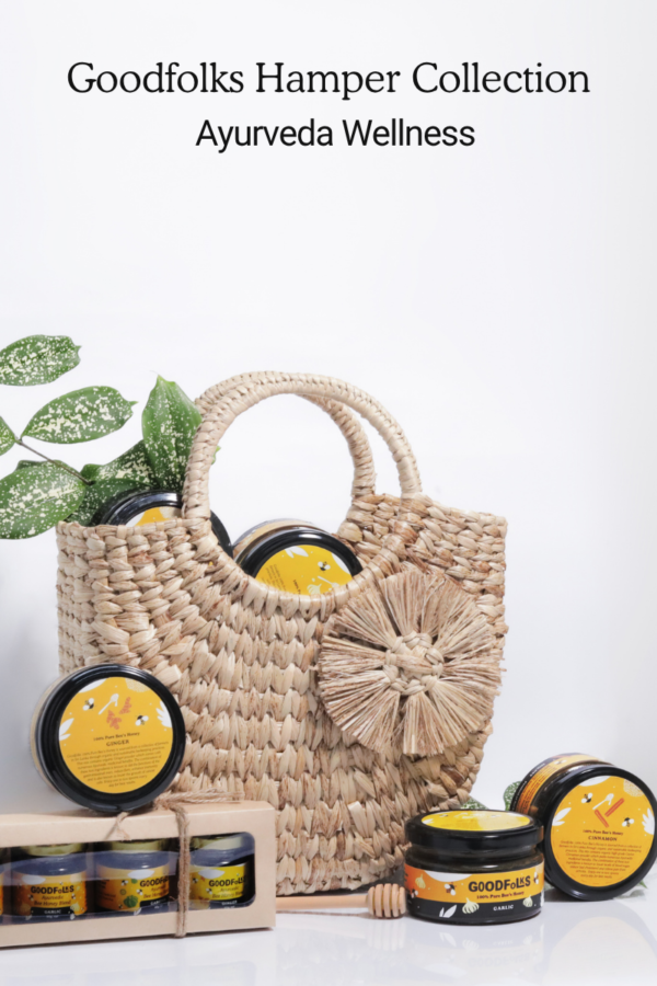 Goodfolks natural hamper in handwoven reed and palm-leaf basket with 100% Sri Lankan wellness products